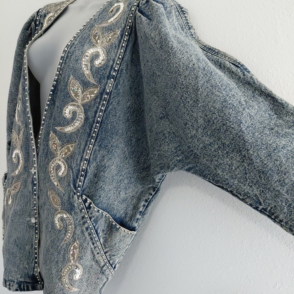 80's Bling Denim Jacket Womens Medium Acid Wash Deep V 90210 Preppy Retro Punk - Picture 5 of 16